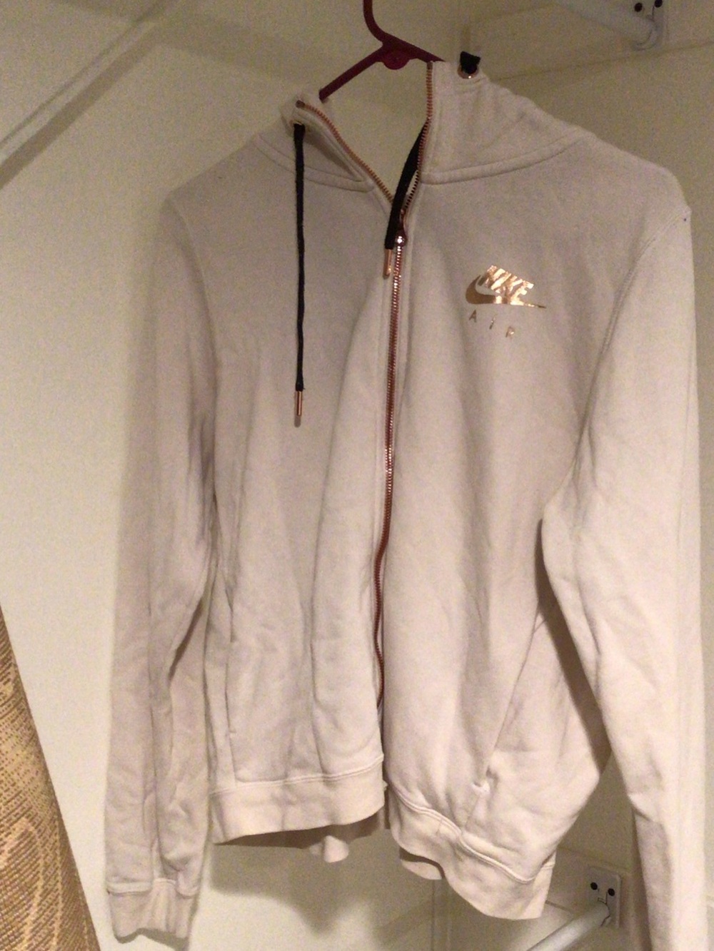 Nike White Zip Hoodie with Pink Logo and Black Drawstrings